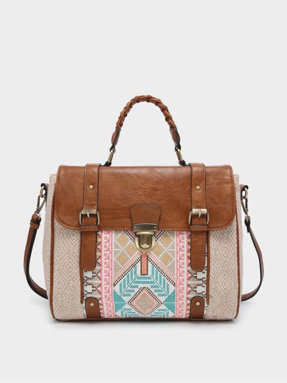 Braided-Handle Embroidered Satchel in Brown and Multi